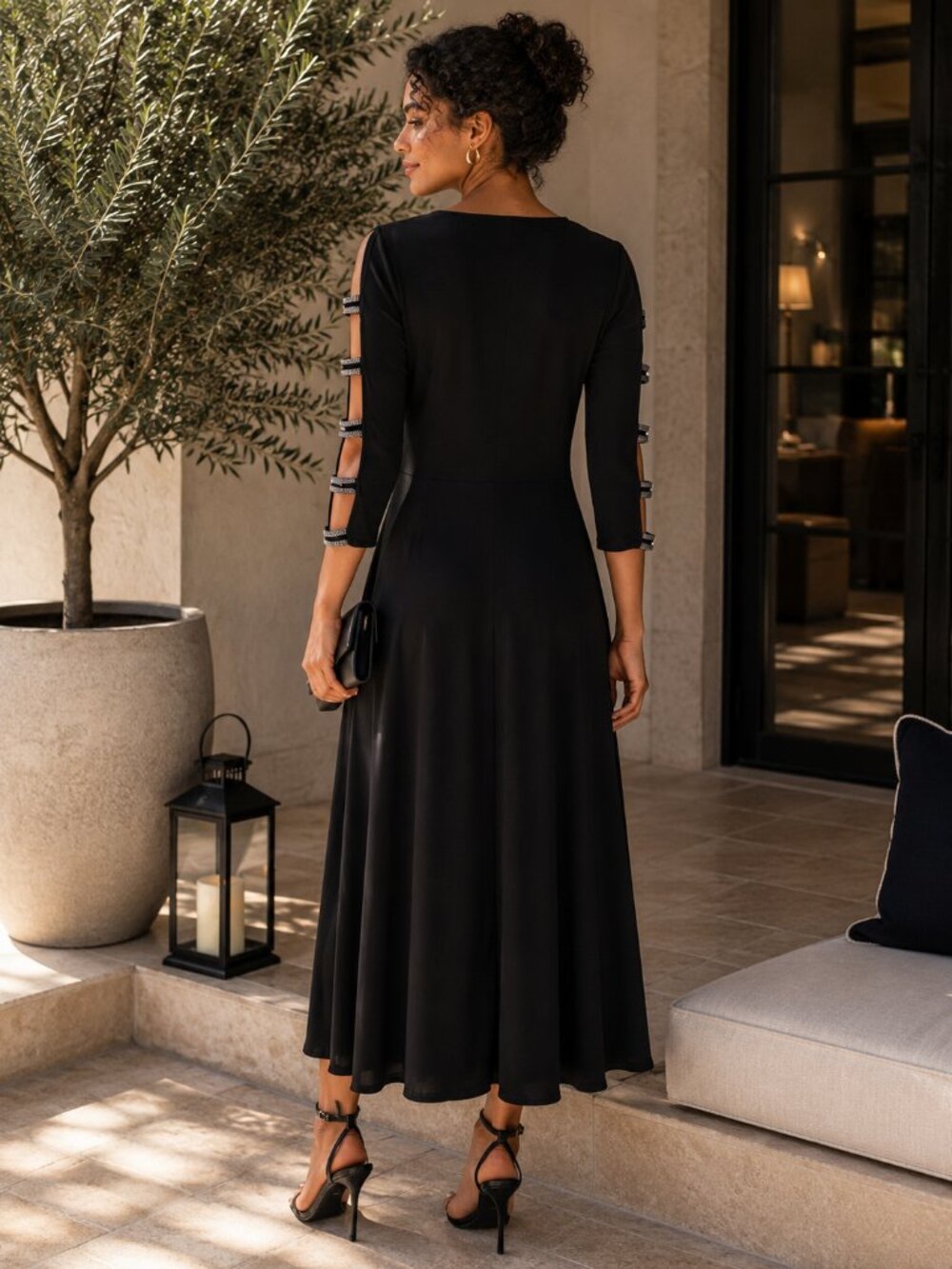 MSK | NWT | Black Rhinestone Cold Shoulder Midi Dress |Size M | A-1821 - Picture 3 of 11